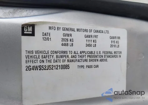 2002 Buick Century Custom from USA, damaged, VIN 2G4WS52J521210085